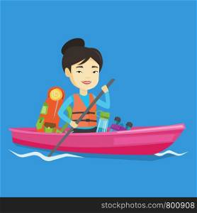 Cheerful asian woman traveling by kayak. Young traveling woman riding in a kayak on the river with skull in hands and some tourist equipment behind her. Vector flat design illustration. Square layout.. Woman riding in kayak vector illustration.