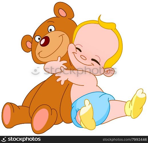 Cheerful baby hugging his teddy bear
