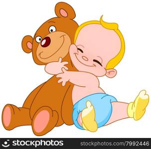 Cheerful baby hugging his teddy bear