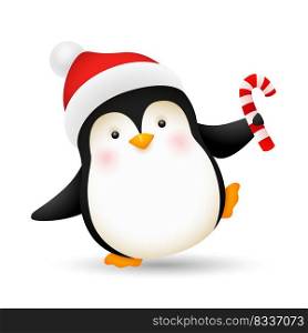 Cheerful baby penguin dancing with candy cane. Cute character in Santa hat celebrating Xmas. Christmas concept. Realistic vector illustration for winter holidays, party, festive event