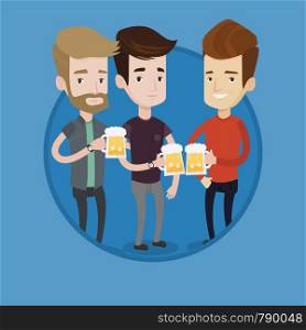 Cheerful beer fans toasting and clinking glasses. Group of young friends enjoying a beer at pub. Caucasian men drinking beer. Vector flat design illustration in the circle isolated on background.. Group of friends enjoying beer at pub.