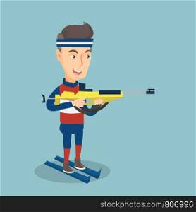 Cheerful biathlon runner holding a weapon and aiming at the target. Caucasian sportsman taking part in ski biathlon competition. Winter sport concept. Vector flat design illustration. Square layout.. Cheerful biathlon runner aiming at the target.