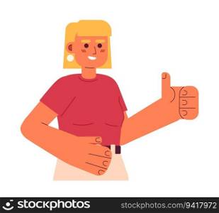 Cheerful blonde woman shows thumb up semi flat color vector character. Editable half body pretty lady in shirt on white. Simple cartoon spot illustration for web graphic design. Cheerful blonde woman show thumb up semi flat color vector character