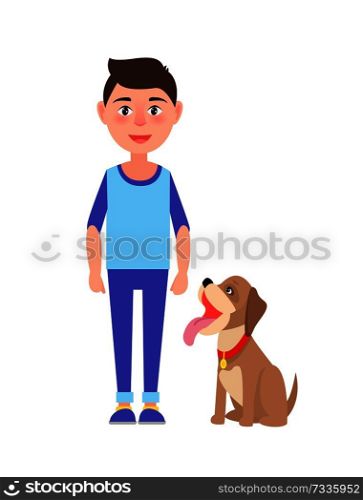 Cheerful boy and his little friend, colorful card, vector illustration with sitting dog, boy in blue trousers and t-shirt, happy pet with pink tongue. Cheerful Boy and His Little Friend, Colorful Card