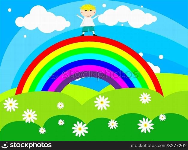 Cheerful boy stands on a rainbow raising his hands to the top. Vector