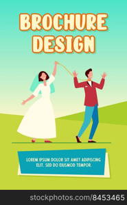 Cheerful bride leading groom on leash. Wedding day, dress, smoking, metaphor. Flat vector illustration. Abusive relationship, manipulation concept for banner, website design or landing web page