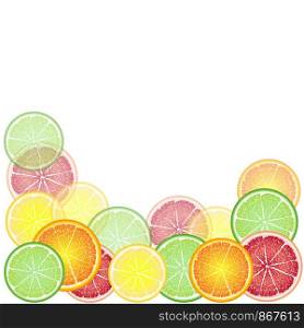 Cheerful, bright frame of circles of citrus fruits: orange, lemon, grapefruit, lime. Greeting card background. Cheerful, bright frame of circles of citrus fruits: orange, lemon, grapefruit, lime. Greeting card