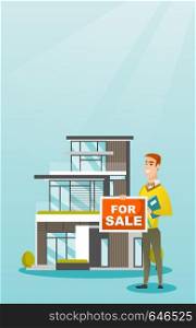 Cheerful broker offering the house. Young happy caucasian broker with placard for sale and documents in hands standing on the background of house. Vector flat design illustration. Vertical layout.. Young caucasian broker offering the house.