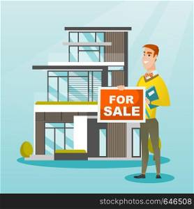 Cheerful broker offering the house. Young smiling caucasian broker with placard for sale and documents in hands standing on the background of house. Vector flat design illustration. Square layout.. Young caucasian broker offering the house.