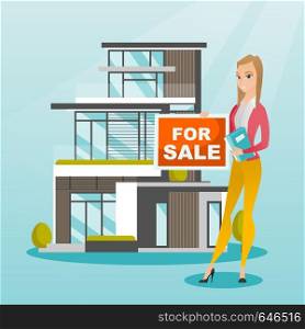 Cheerful broker offering the house. Young smiling caucasian broker with placard for sale and documents in hands standing on the background of house. Vector flat design illustration. Square layout.. Young caucasian broker offering the house.