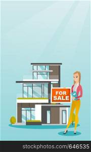 Cheerful broker offering the house. Young smiling caucasian broker with placard for sale and documents in hands standing on the background of house. Vector flat design illustration. Vertical layout.. Young caucasian broker offering the house.