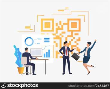 Cheerful business people in office, financial data and QR code. Identification, workflow, analytics concept. Vector illustration can be used for topics like business, finance, analysis. Cheerful business people in office, financial data and QR code