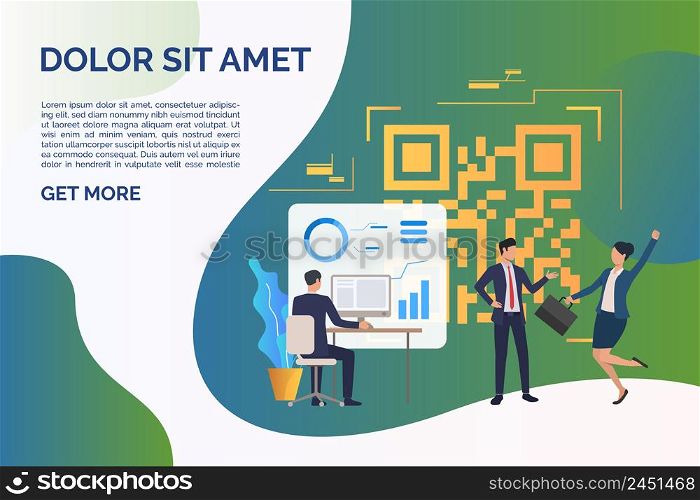 Cheerful business people in office, QR code and sample text. Identification, workflow, analytics concept. Presentation slide template. Vector illustration for topics like business, finance, analysis. Cheerful business people in office, QR code and sample text