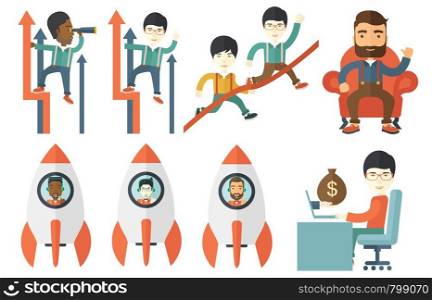 Cheerful businessman flying in business start up rocket. Young happy business man launching new creative start up. Concept of successful start up. Vector set of illustrations with business people.. Vector set of illustrations with business people.