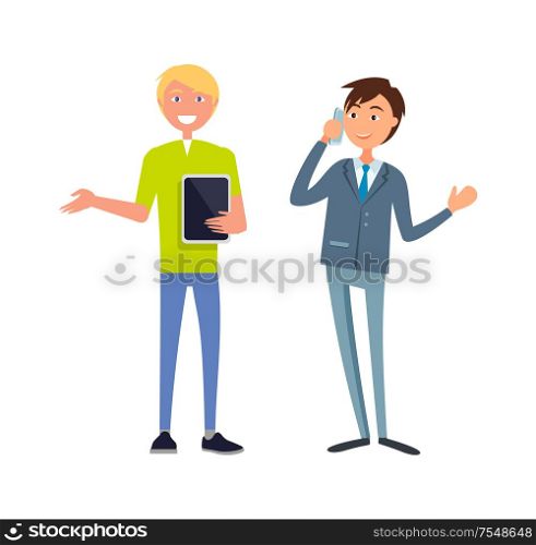 Cheerful businessman in formal wear and executive worker with briefcase speaking on phone discussing business issues. Male office workers in suits vector. Cheerful Man in Formal Wear and Executive Worker