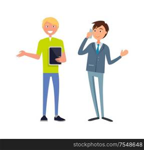Cheerful businessman in formal wear and executive worker with briefcase speaking on phone discussing business issues. Male office workers in suits vector. Cheerful Man in Formal Wear and Executive Worker