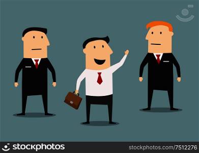 Cheerful businessman in meeting with serious bodyguards behind him, cartoon flat image. Businessman with bodyguards on meeting