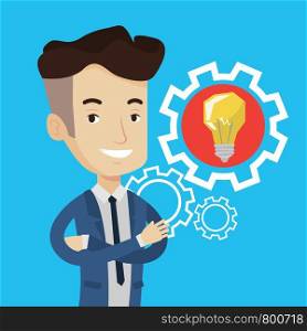 Cheerful businessman with business idea bulb in a cogwheel. Young smiling businessman having a business idea. Concept of successful business idea. Vector flat design illustration. Square layout.. Man with business idea bulb in gear.