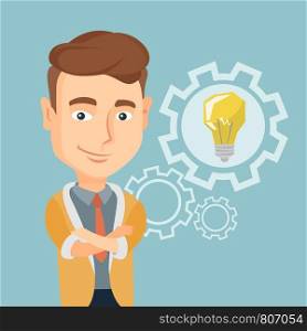 Cheerful businessman with business idea bulb in a cogwheel. Young caucasian businessman having a business idea. Concept of successful business idea. Vector flat design illustration. Square layout.. Man with business idea bulb in gear.