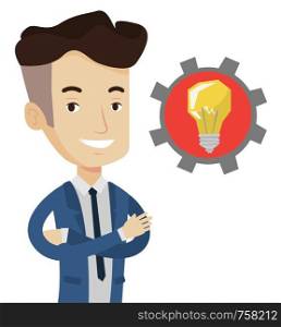 Cheerful businessman with business idea bulb in a cogwheel. Businessman having a business idea. Concept of successful business idea. Vector flat design illustration isolated on white background.. Man with business idea bulb in gear.