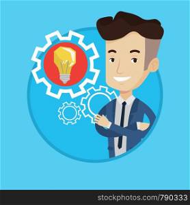 Cheerful businessman with business idea bulb. Young smiling businessman having business idea. Concept of successful business idea. Vector flat design illustration in the circle isolated on background.. Man with business idea bulb in gear.