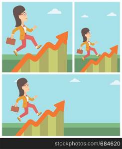 Cheerful businesswoman running along the growth graph. Businesswoman going up. Woman moving up. Successful business concept. Vector flat design illustration. Square, horizontal, vertical layouts.. Business woman running along the growth graph.