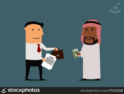 Cheerful cartoon arabian and european businessmen are exchanging money, part of business and briefcase after signing of contracts. International agreement and partnership concept usage. Businessman selling a part of business to arab