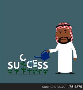 Cheerful cartoon arabian businessman grows a success. is watering green plants with a word Success with watering can. Growing business concept. Arabian businessman grows a success