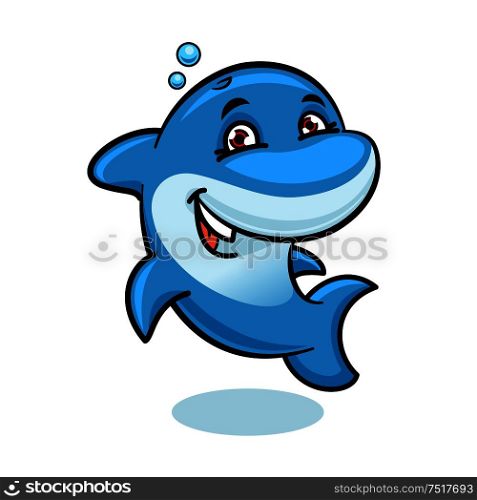 Cheerful cartoon bright blue atlantic bottlenose dolphin character showing tricks and playing in the water. Marine animals show or summer vacation symbol, sea life theme design . Playful cartoon blue atlantic bottlenose dolphin