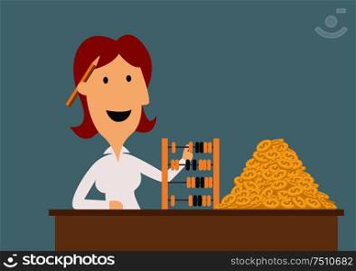 Cheerful cartoon businesswoman counting a heap of gold coins with wooden abacus, for wealth concept design. Businesswoman counting gold coins with abacus