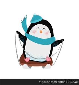 Cheerful cartoon penguin in scarf and hat sledging and having fun. Winter activity concept. Vector illustration can be used for topics like holiday, Christmas vacation, leisure