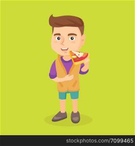 Cheerful caucasian boy eating tasty pizza. Full length of little boy holding a piece of pizza in hand and stroking his belly. Boy with a piece of pizza. Vector cartoon illustration. Square layout.. Caucasian boy eating tasty pizza.