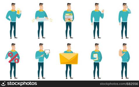 Cheerful caucasian business man drinking beer. Full length of businessman with beer. Young happy business man holding mug of beer. Set of vector flat design illustrations isolated on white background.. Vector set of illustrations with business people.