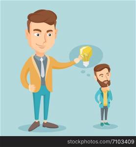 Cheerful caucasian business man giving idea to his partner. Young business man holding idea light bulb over head of his collegue. Business idea concept. Vector flat design illustration. Square layout.. Business man giving idea bulb to his partner.