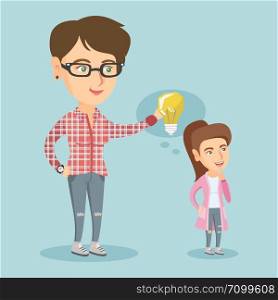 Cheerful caucasian business woman giving idea lightbulb to her partner. Young woman holding idea lightbulb over head of her collegue. Business idea concept. Vector cartoon illustration. Square layout.. Business woman giving idea bulb to her partner.