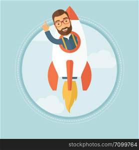 Cheerful caucasian hipster businessman with beard pointing finger up while flying in rocket. Successful business start up concept. Vector flat design illustration in the circle isolated on background.. Business start up vector illustration.