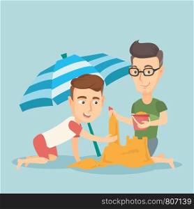 Cheerful caucasian men making sand castle on the beach under beach umbrella. Smiling friends building sandcastle. Tourism and beach holiday concept. Vector flat design illustration. Square layout.. Male friends building sandcastle on the beach.
