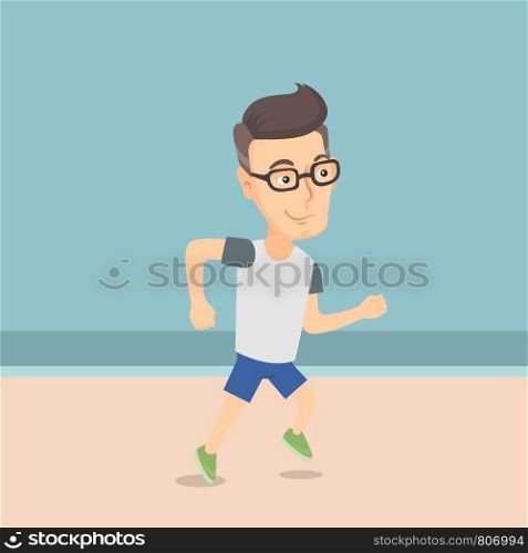 Cheerful caucasian sportsman jogging on the beach. Smiling adult sportsman jogging along the seashore. Summer sport and leisure activity concept. Vector flat design illustration. Square layout.. Caucasian sporty man jogging on the beach.