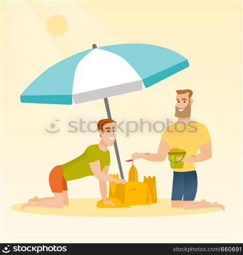 Cheerful caucasian white men making a sand castle on the beach under beach umbrella. Happy friends building a sandcastle. Tourism and beach holiday concept. Vector cartoon illustration. Square layout.. Friends building a sandcastle on the beach.