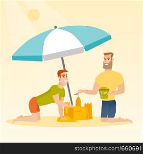 Cheerful caucasian white men making a sand castle on the beach under beach umbrella. Happy friends building a sandcastle. Tourism and beach holiday concept. Vector cartoon illustration. Square layout.. Friends building a sandcastle on the beach.