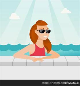 Cheerful caucasian white woman relaxing in the swimming pool at resort. Happy smiling woman in sunglasses bathing in the swimming pool. Vector cartoon illustration. Square layout.. Young caucasian woman relaxing in swimming pool.
