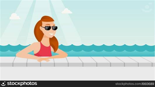 Cheerful caucasian white woman relaxing in the swimming pool at resort. Happy smiling woman in sunglasses bathing in the swimming pool. Vector cartoon illustration. Horizontal layout.. Young caucasian woman relaxing in swimming pool.