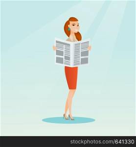 Cheerful caucasian woman reading a newspaper. Young woman reading good news in a newspaper. Full length of a woman standing with a newspaper in hands. Vector flat design illustration. Square layout.. Woman reading a newspaper vector illustration.