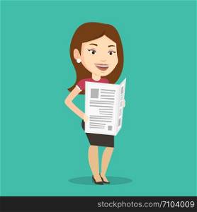 Cheerful caucasian woman reading the newspaper. Young smiling woman reading good news in newspaper. Woman standing with newspaper in hands. Vector flat design illustration. Square layout.. Woman reading newspaper vector illustration.
