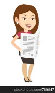 Cheerful caucasian woman reading the newspaper. Young smiling woman reading good news in newspaper. Woman standing with newspaper in hands. Vector flat design illustration isolated on white background. Woman reading newspaper vector illustration.