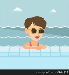 Cheerful caucasian woman relaxing in the swimming pool at resort. Happy smiling woman in sunglasses bathing in the swimming pool. Vector cartoon illustration. Square layout.. Young caucasian woman relaxing in swimming pool.
