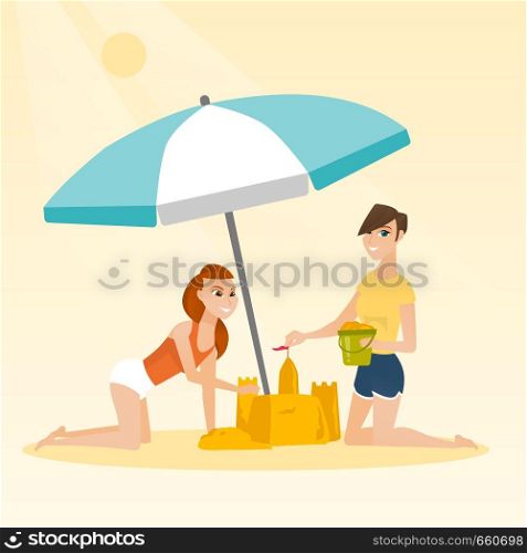 Cheerful caucasian women making a sand castle on the beach under beach umbrella. Smiling friends building a sandcastle. Tourism and beach holiday concept. Vector cartoon illustration. Square layout.. Friends building a sandcastle on the beach.