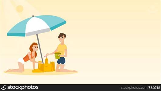 Cheerful caucasian women making a sand castle on the beach under beach umbrella. Happy friends building a sandcastle. Tourism and beach holiday concept. Vector cartoon illustration. Horizontal layout.. Friends building a sandcastle on the beach.