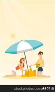 Cheerful caucasian women making a sand castle on the beach under beach umbrella. Smiling friends building a sandcastle. Tourism and beach holiday concept. Vector cartoon illustration. Vertical layout.. Friends building a sandcastle on the beach.