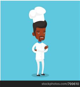 Cheerful chief cook in uniform and hat standing with arms crossed. Young african-american chef cook. Full length of confident male chief cook. Vector flat design illustration. Square layout.. Confident male chief cook with arms crossed.
